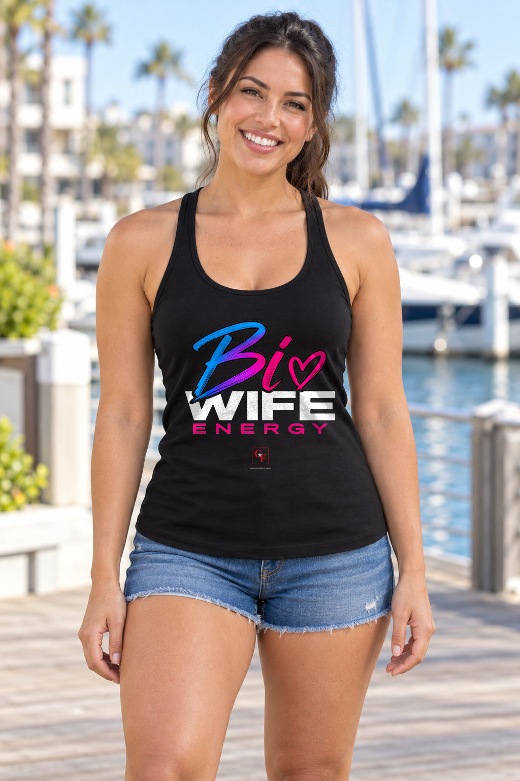 Bi Wife Energy Racerback Tank in Black, woman wearing the tank in a lifestyle setting