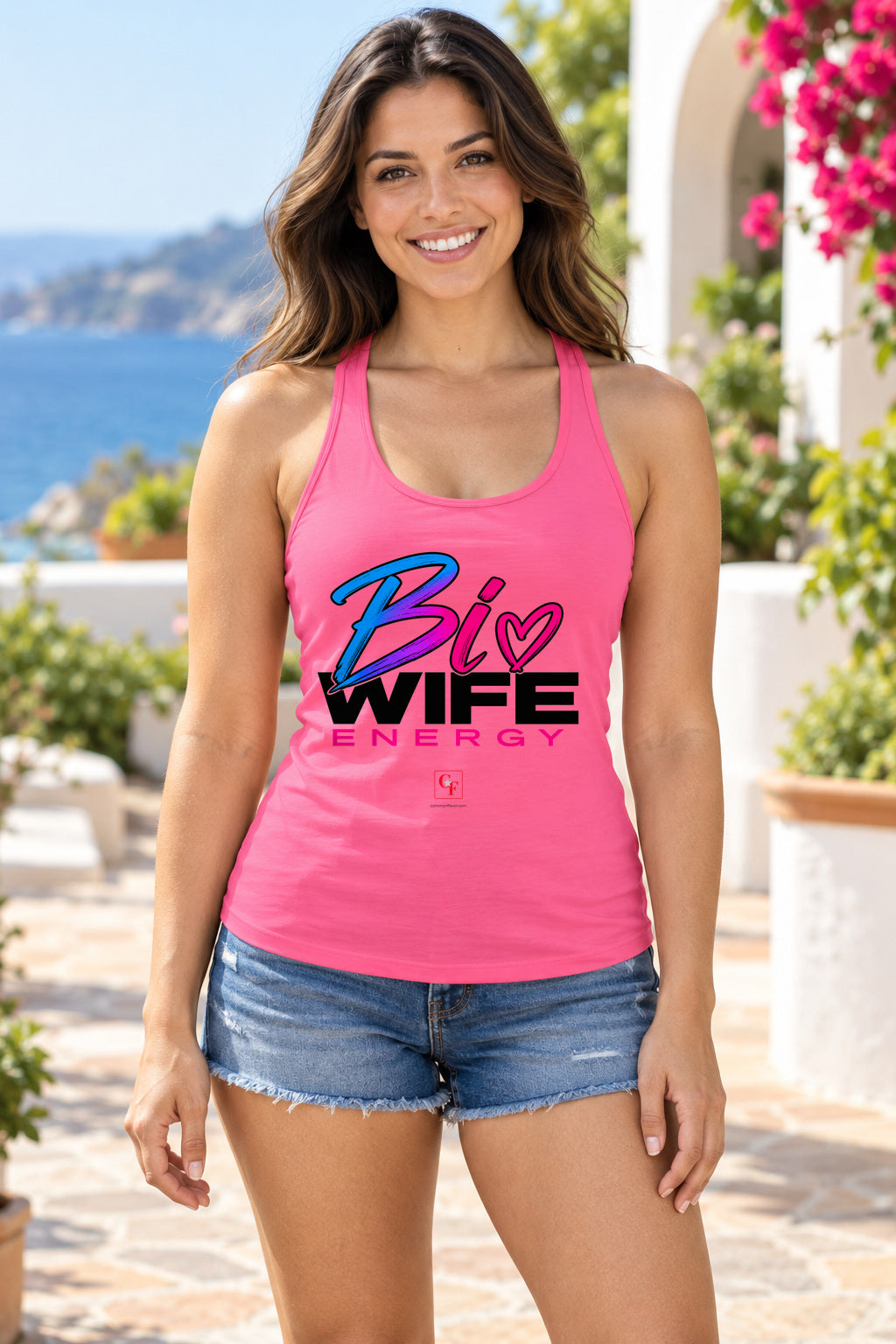 Bi Wife Energy Racerback Tank in Hot Pink, woman wearing the tank in a lifestyle setting