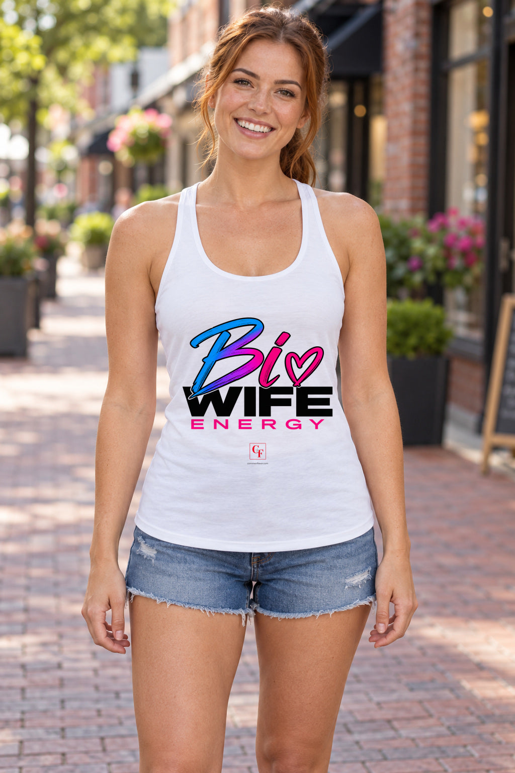 Bi Wife Energy Racerback Tank in White, woman wearing the tank in a lifestyle setting