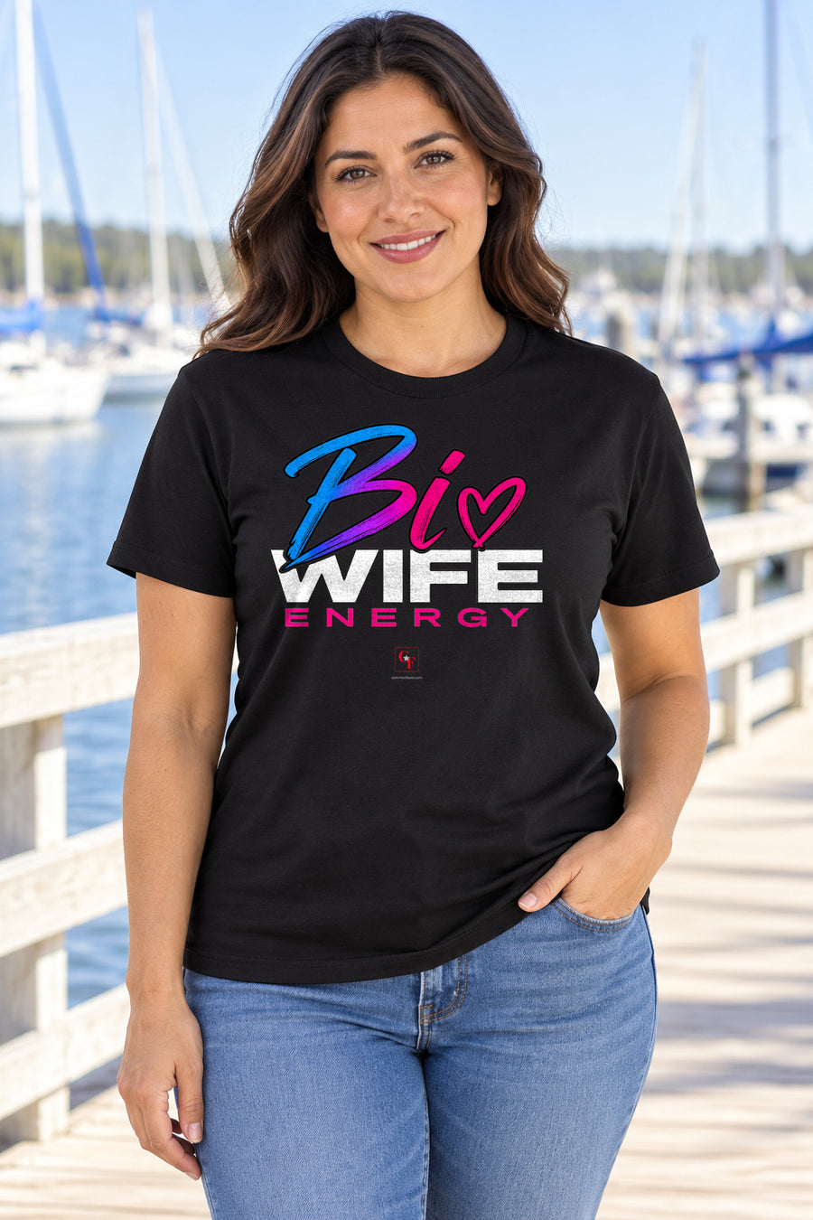 Bi Wife Energy Tee in Black, lifestyle model mockup