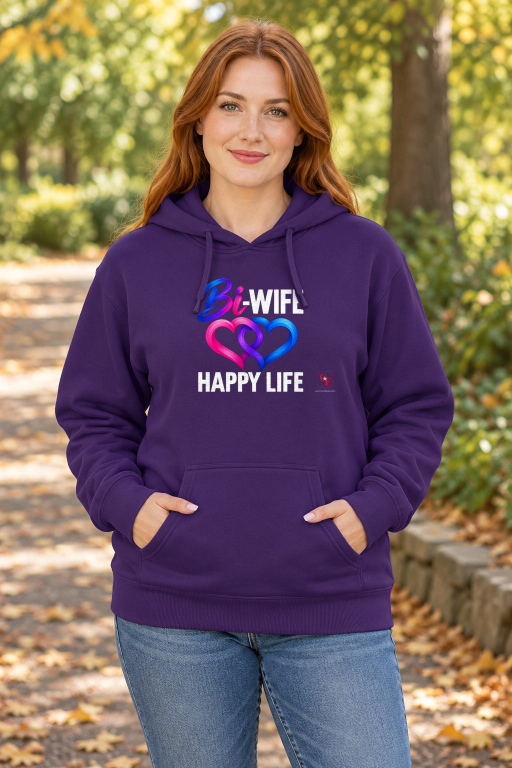 Bi Wife Happy Life Hoodie in Purple on a model outdoors — Common Flavor