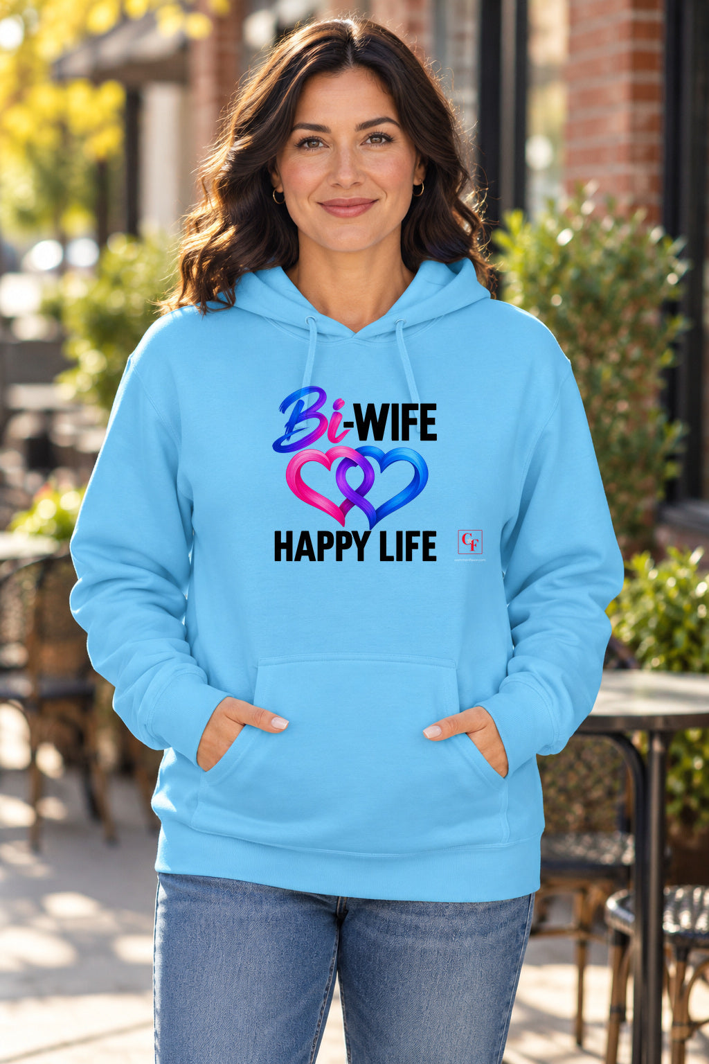 Bi Wife Happy Life Hoodie in Sky on a model outdoors — Common Flavor