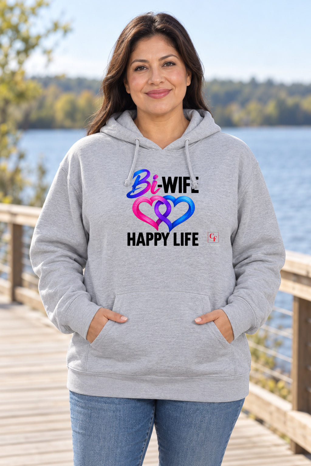 Bi Wife Happy Life Hoodie in Sport Grey on a model outdoors — Common Flavor