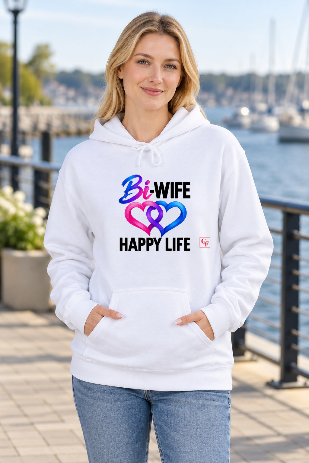 Bi Wife Happy Life Hoodie in White on a model outdoors — Common Flavor
