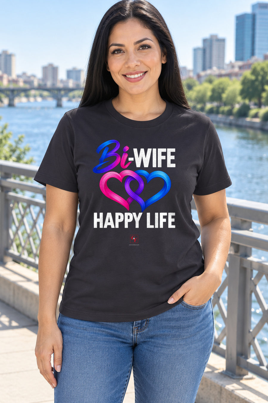 Bi Wife Happy Life Tee in Dark Grey, lifestyle model mockup