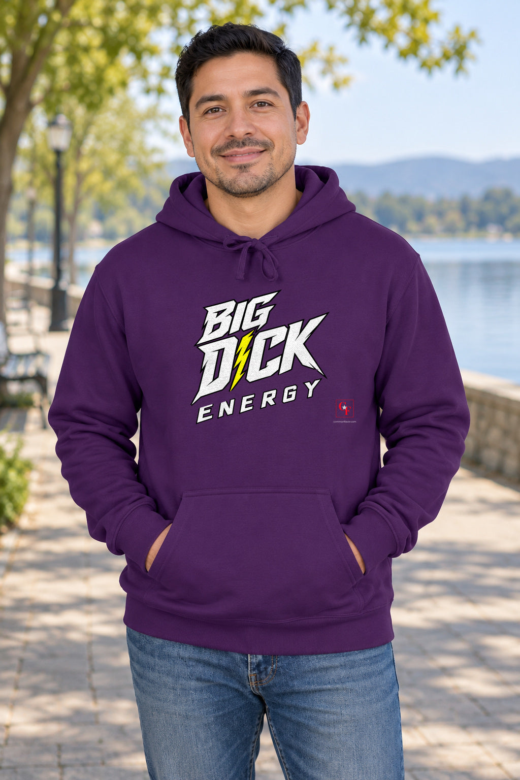 Big Dick Energy Hoodie in Purple on a model outdoors — Common Flavor