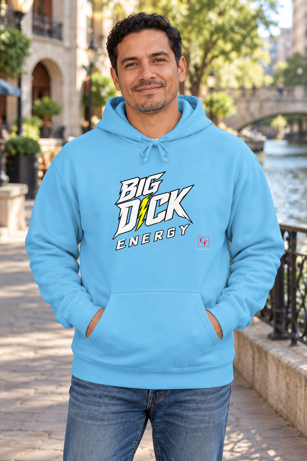 Big Dick Energy Hoodie in Sky on a model outdoors — Common Flavor