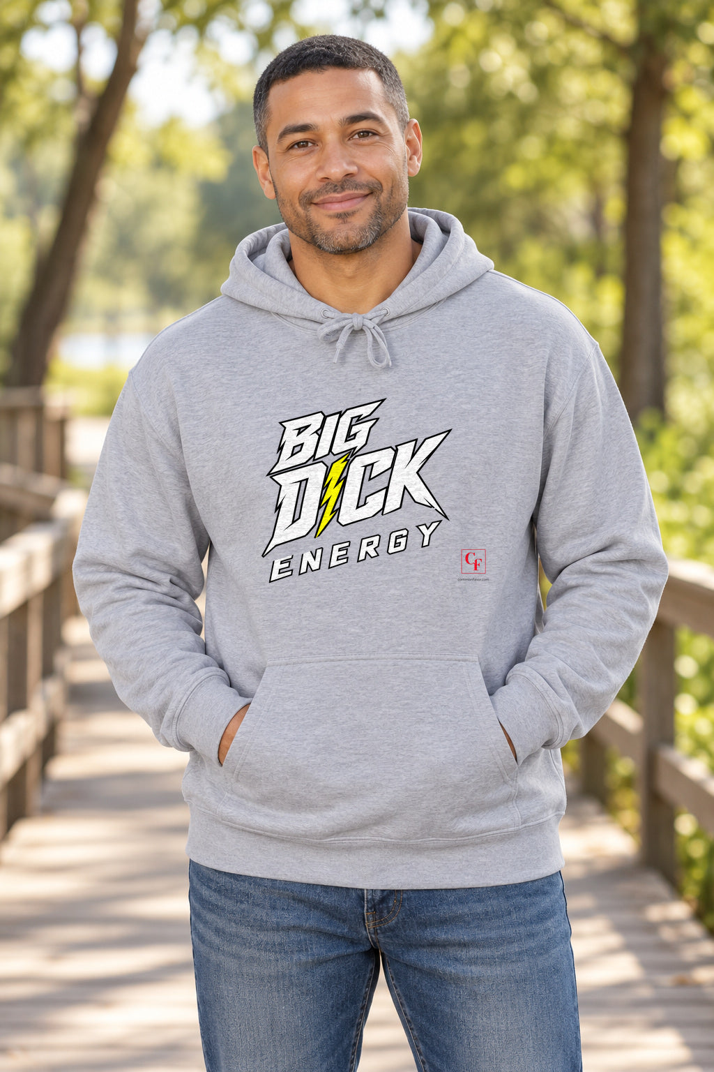 Big Dick Energy Hoodie in Sport Grey on a model outdoors — Common Flavor