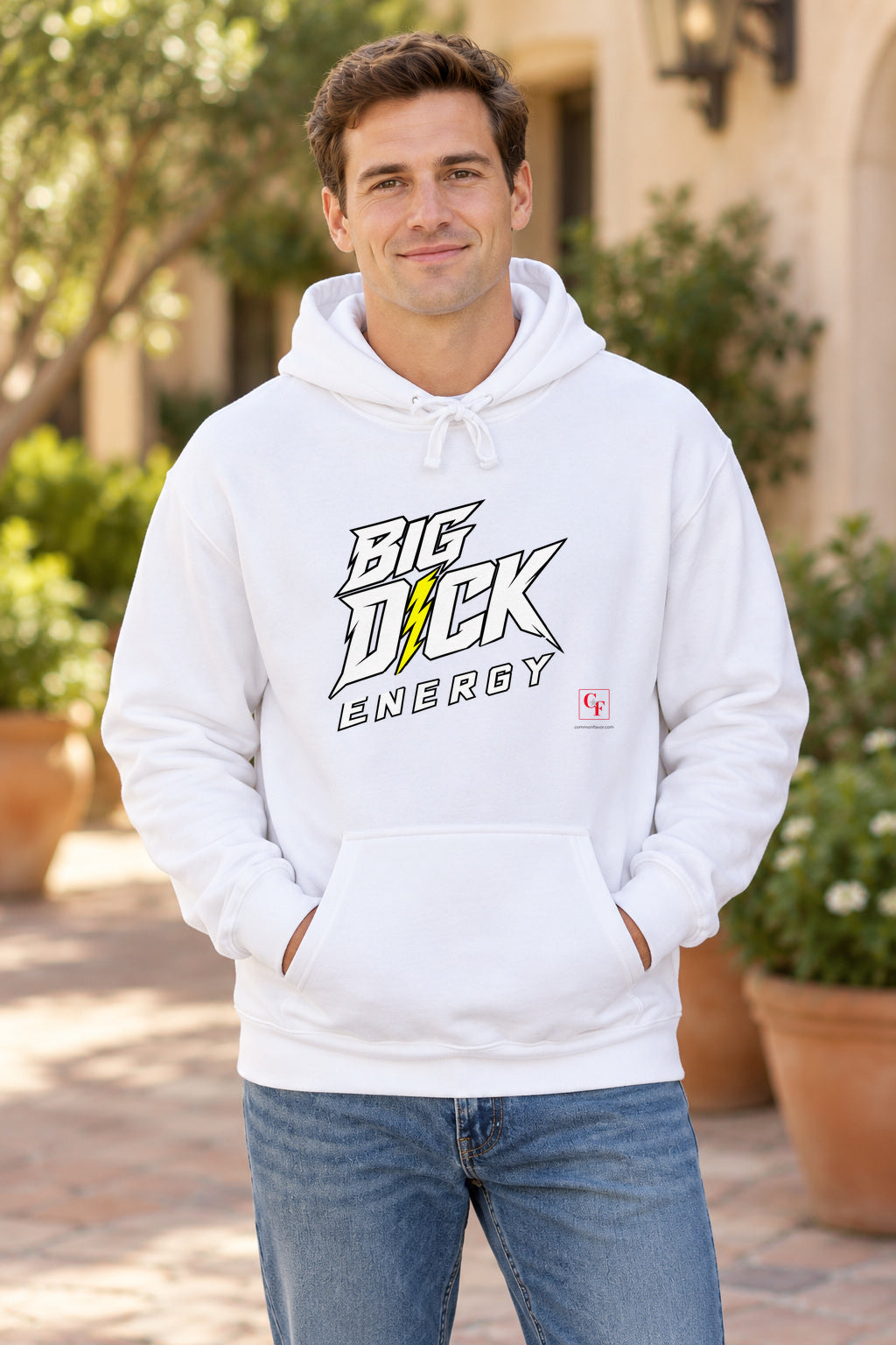 Big Dick Energy Hoodie in White on a model outdoors — Common Flavor