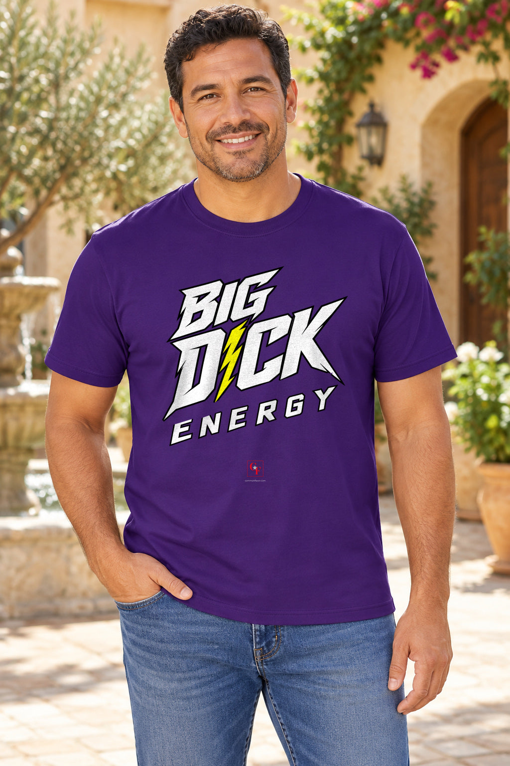 Big Dick Energy Tee in Team Purple, lifestyle model mockup