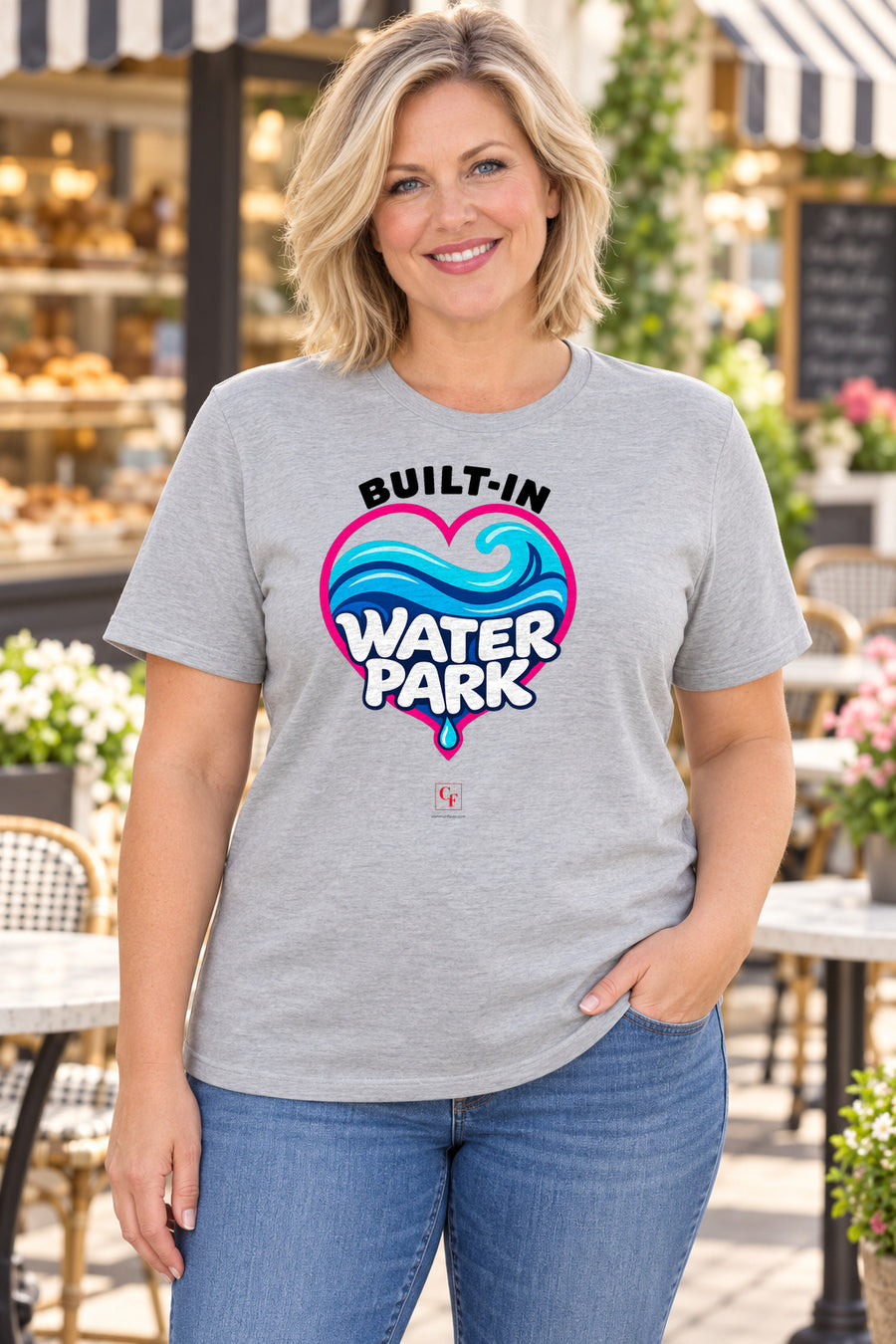 Built-In Water Park Heart Waves Tee in Athletic Heather, lifestyle model mockup