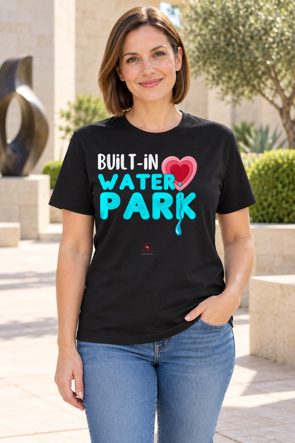 Built-In Water Park Original Depth Tee in Black, lifestyle model mockup