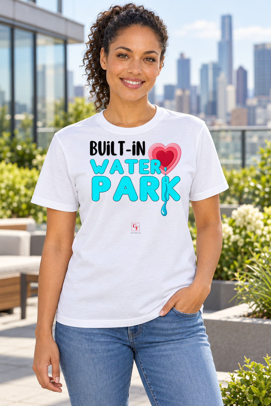 Built-In Water Park Original Depth Tee in White, lifestyle model mockup