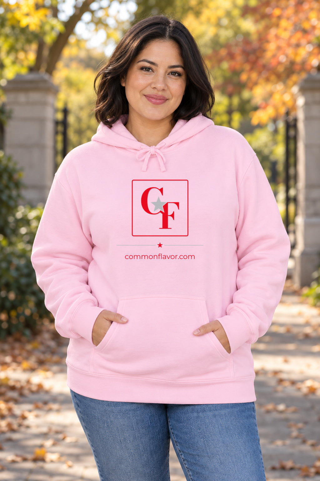 CF Originals Square Logo Hoodie in Light Pink on a model outdoors — Common Flavor