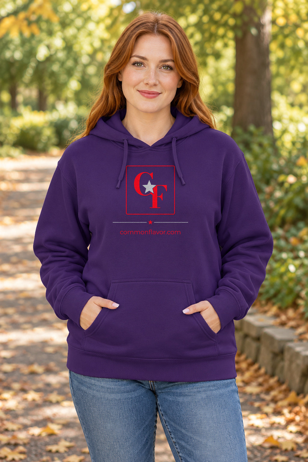 CF Originals Square Logo Hoodie in Purple on a model outdoors — Common Flavor