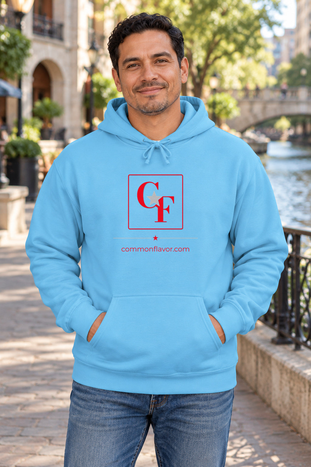 CF Originals Square Logo Hoodie in Sky on a model outdoors — Common Flavor