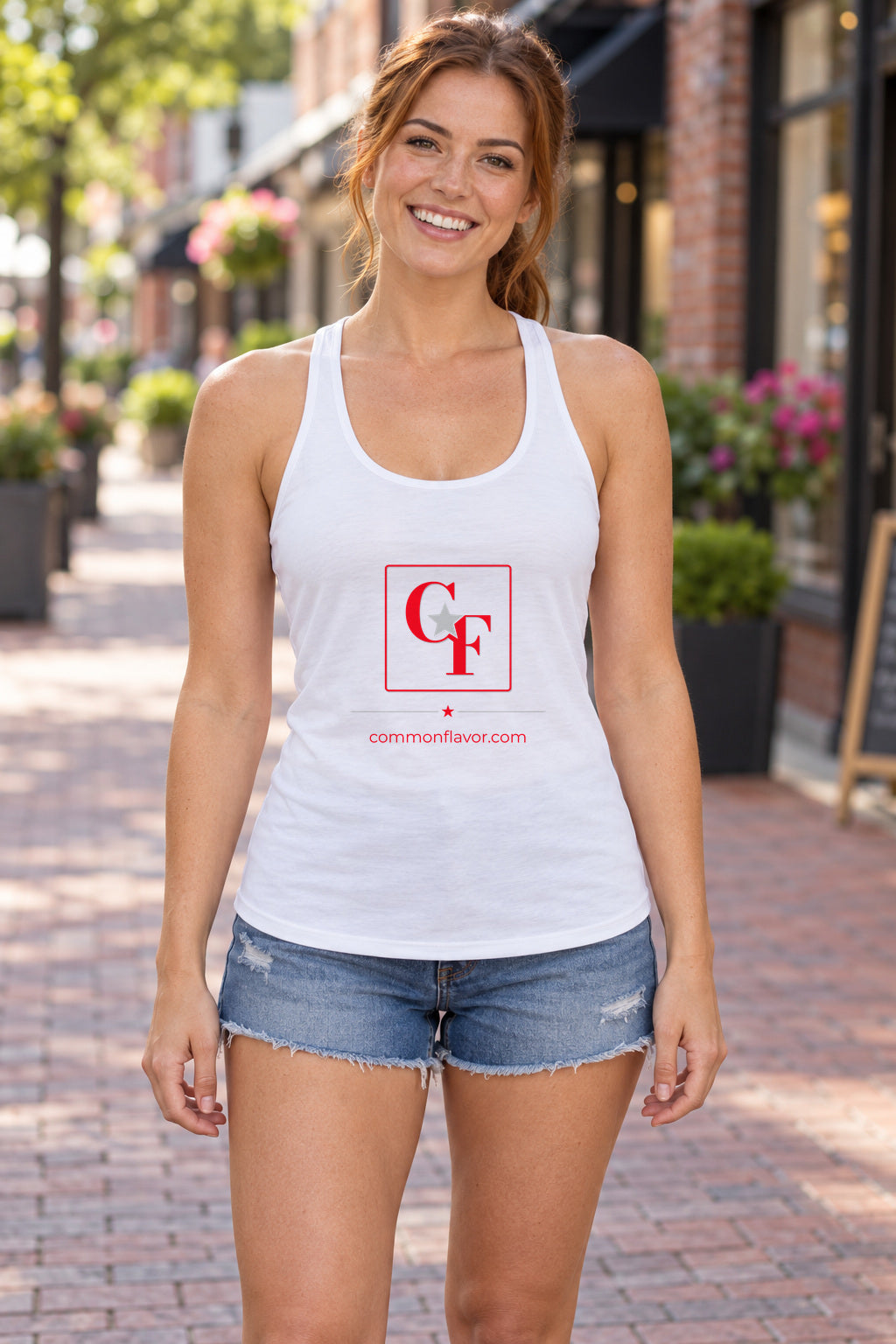 CF Originals Square Logo Racerback Tank in White, woman wearing the tank in a lifestyle setting