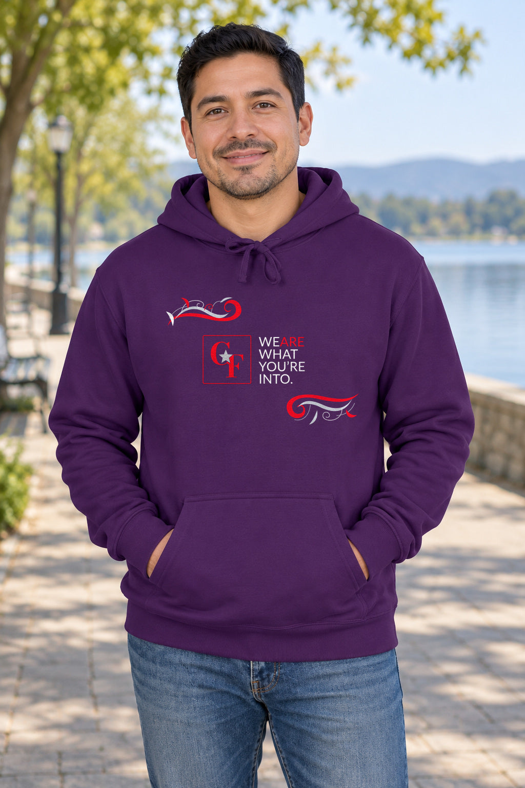 CF Originals "We Are What You're Into" Flowing Twist Hoodie in Purple on a model outdoors — Common Flavor