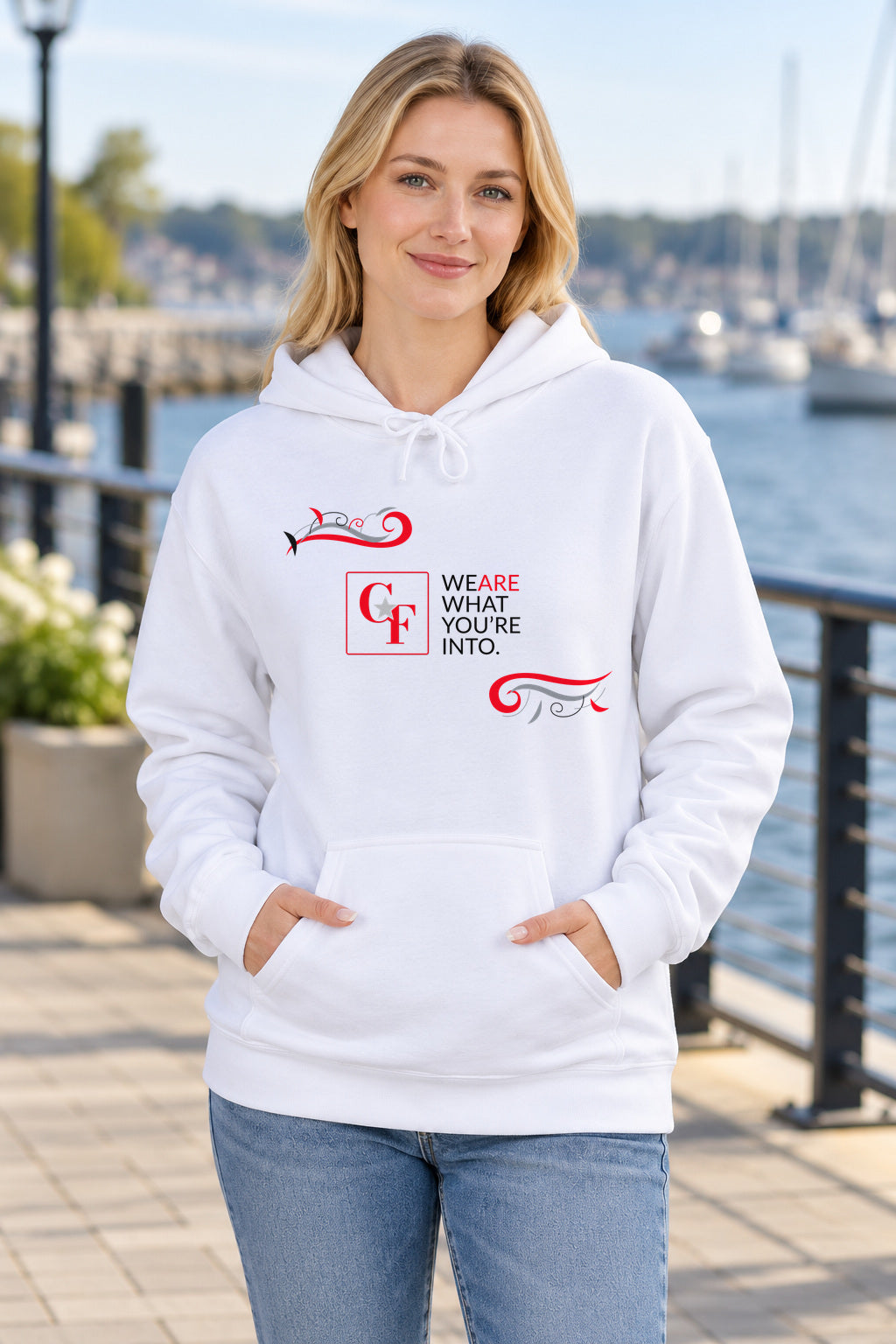 CF Originals "We Are What You're Into" Flowing Twist Hoodie in White on a model outdoors — Common Flavor
