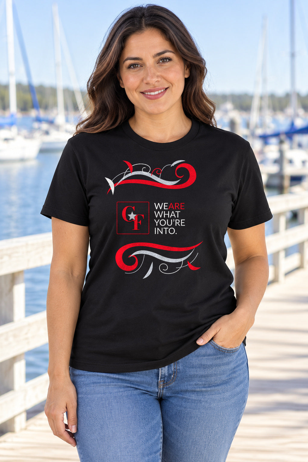 CF Originals "We Are What You're Into" Flowing Twist Tee in Black, lifestyle model mockup