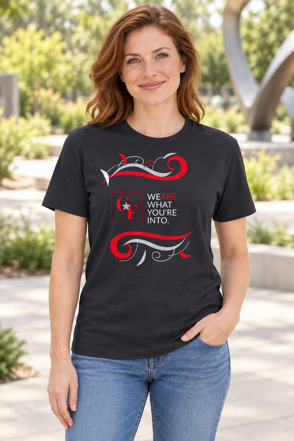 CF Originals "We Are What You're Into" Flowing Twist Tee in Dark Grey, lifestyle model mockup