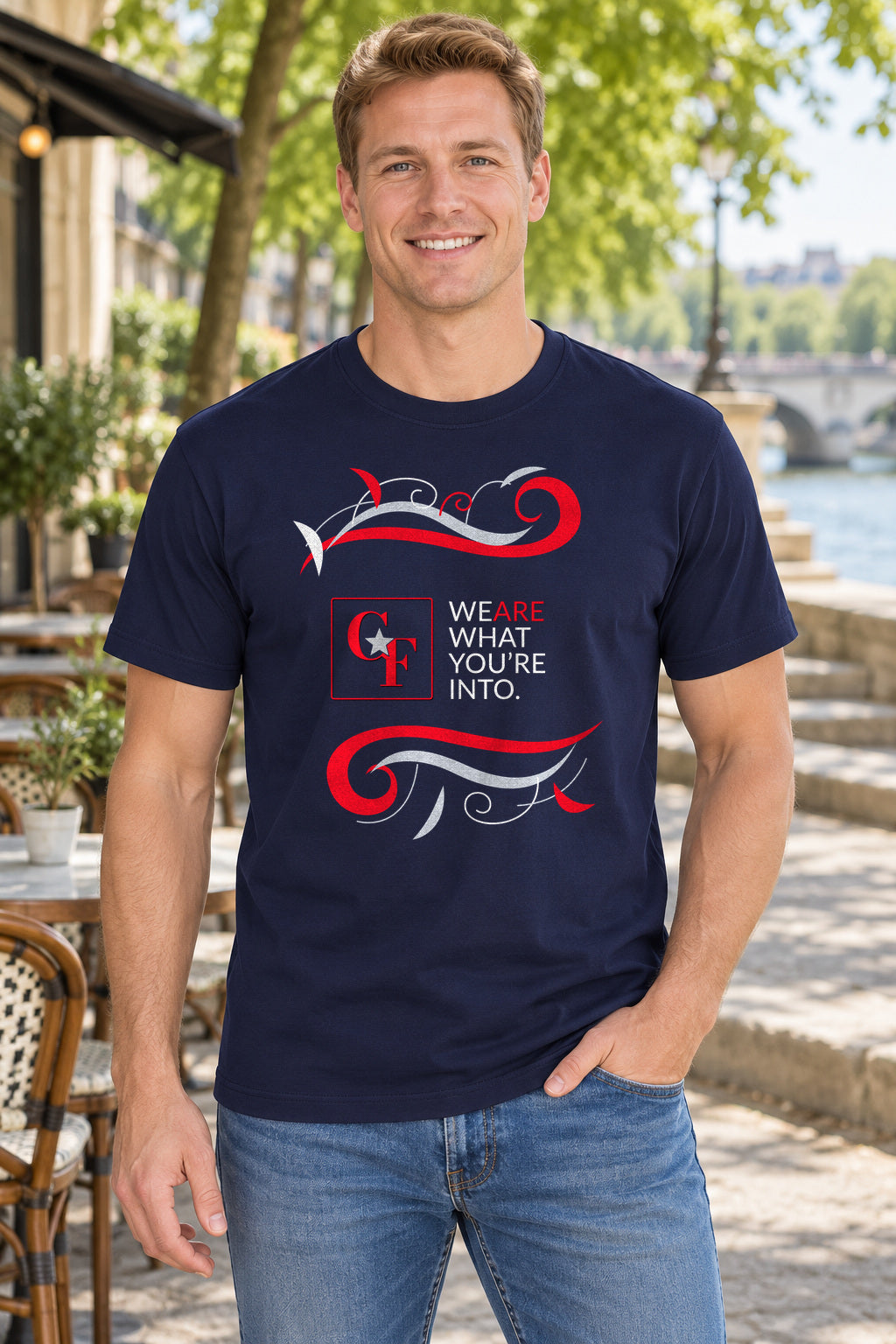 CF Originals "We Are What You're Into" Flowing Twist Tee in Navy, lifestyle model mockup