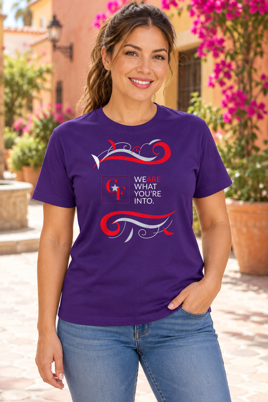 CF Originals "We Are What You're Into" Flowing Twist Tee in Team Purple, lifestyle model mockup
