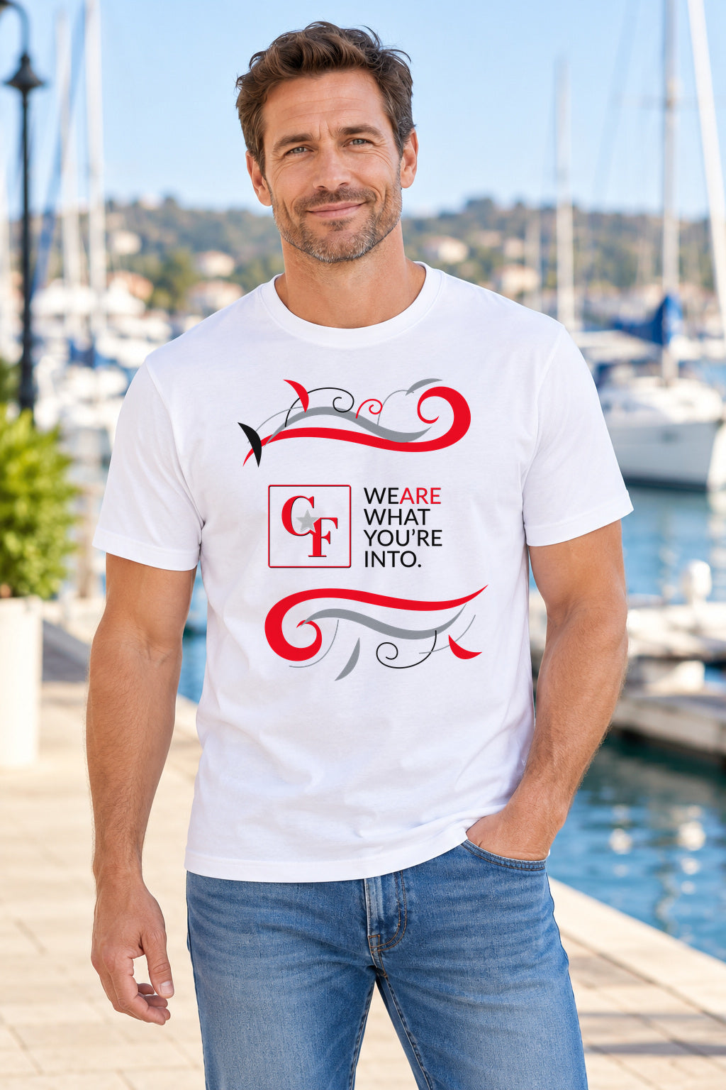 CF Originals "We Are What You're Into" Flowing Twist Tee in White, lifestyle model mockup