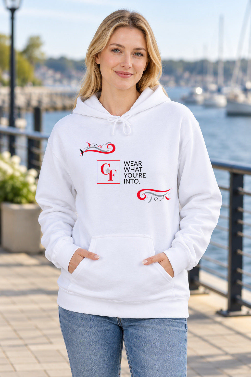 CF Originals "Wear What You're Into" Flowing Twist Hoodie in White on a model outdoors — Common Flavor