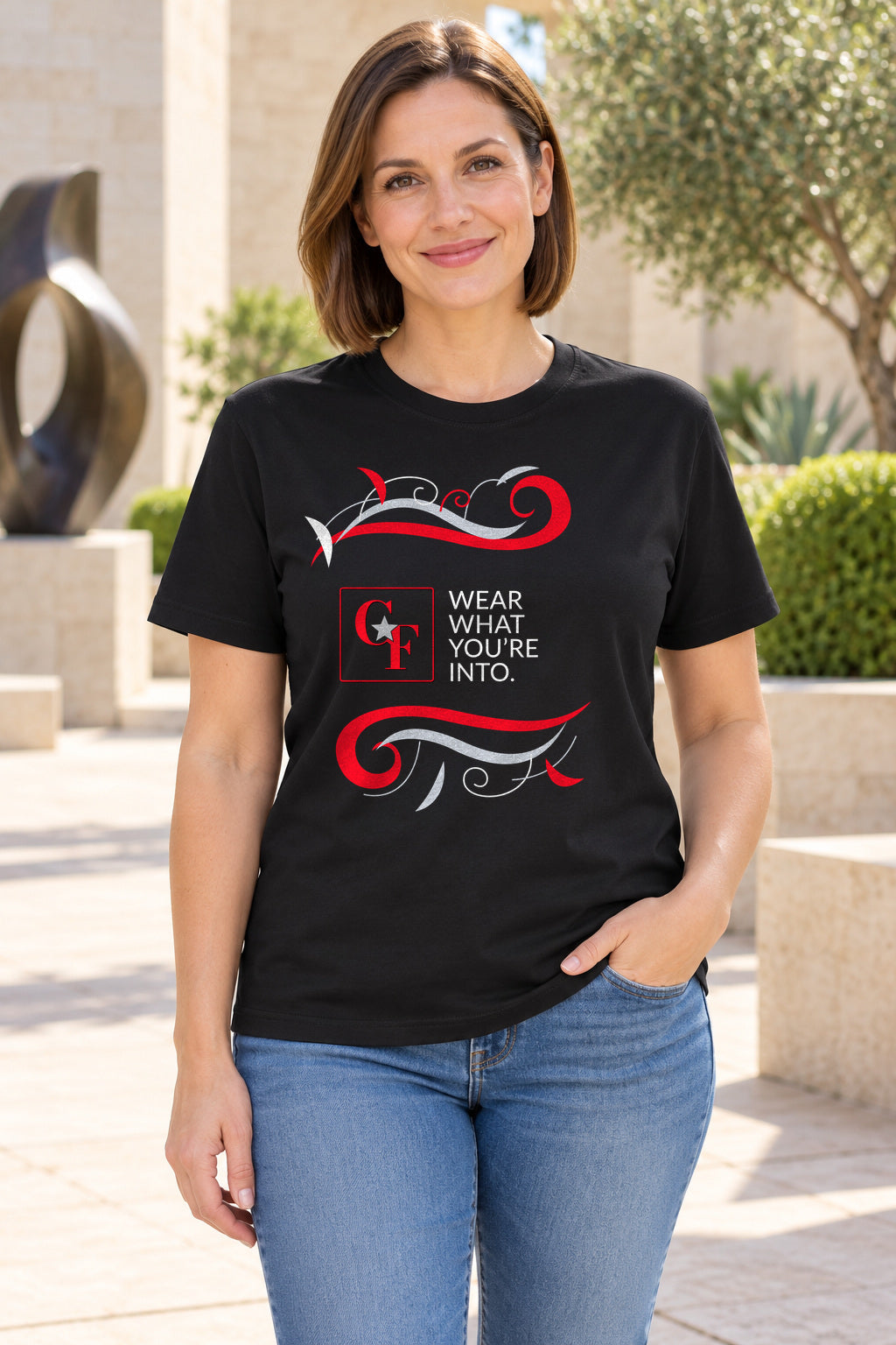 CF Originals "Wear What You're Into" Flowing Twist Tee in Black, lifestyle model mockup