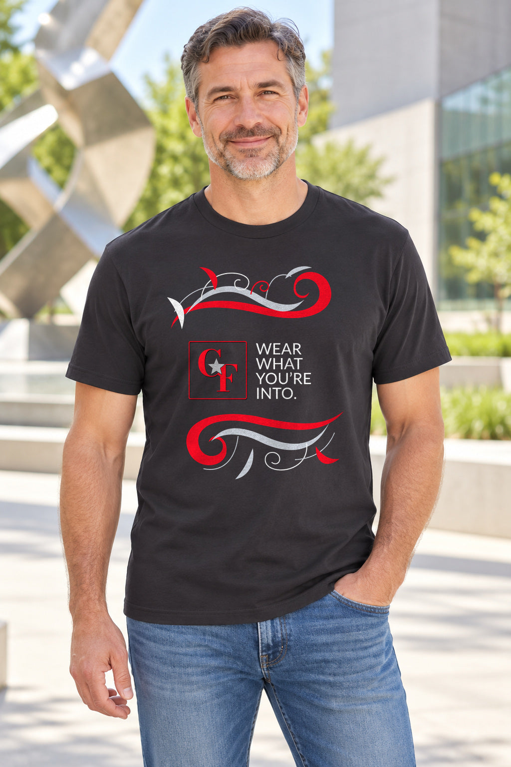 CF Originals "Wear What You're Into" Flowing Twist Tee in Dark Grey, lifestyle model mockup