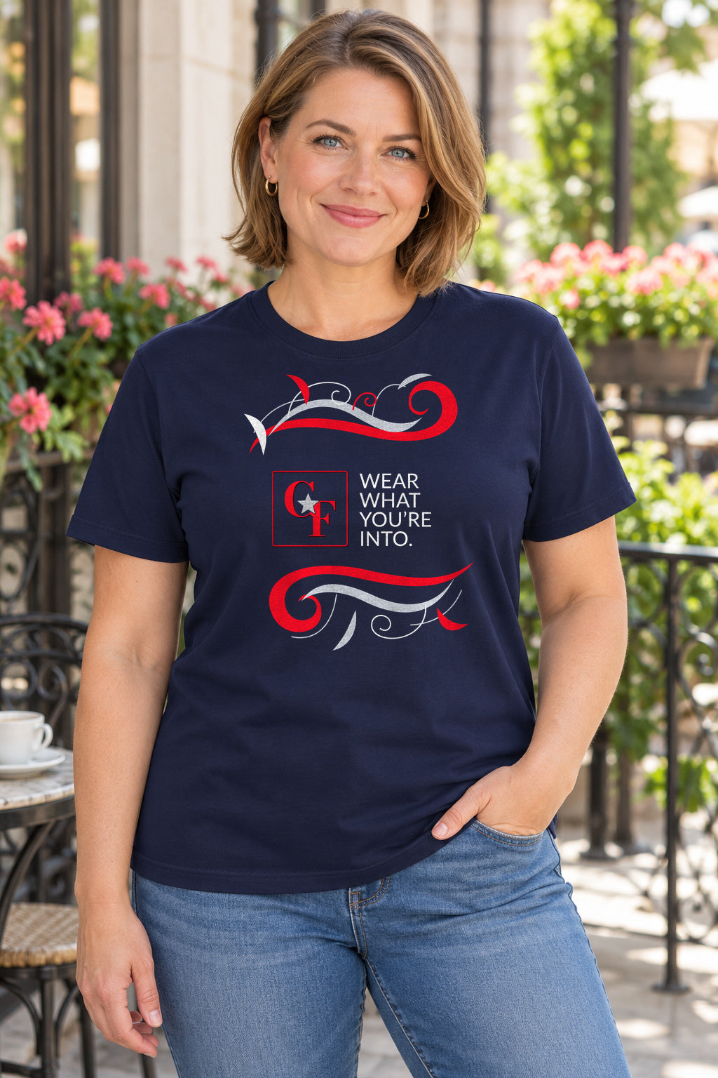 CF Originals "Wear What You're Into" Flowing Twist Tee in Navy, lifestyle model mockup