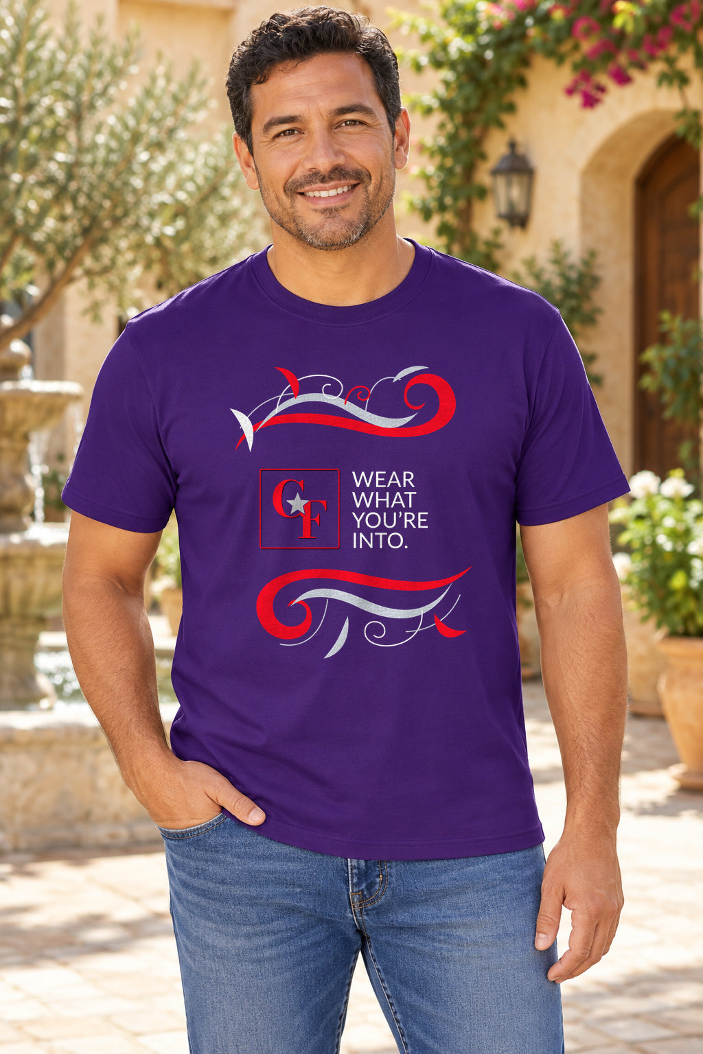 CF Originals "Wear What You're Into" Flowing Twist Tee in Team Purple, lifestyle model mockup