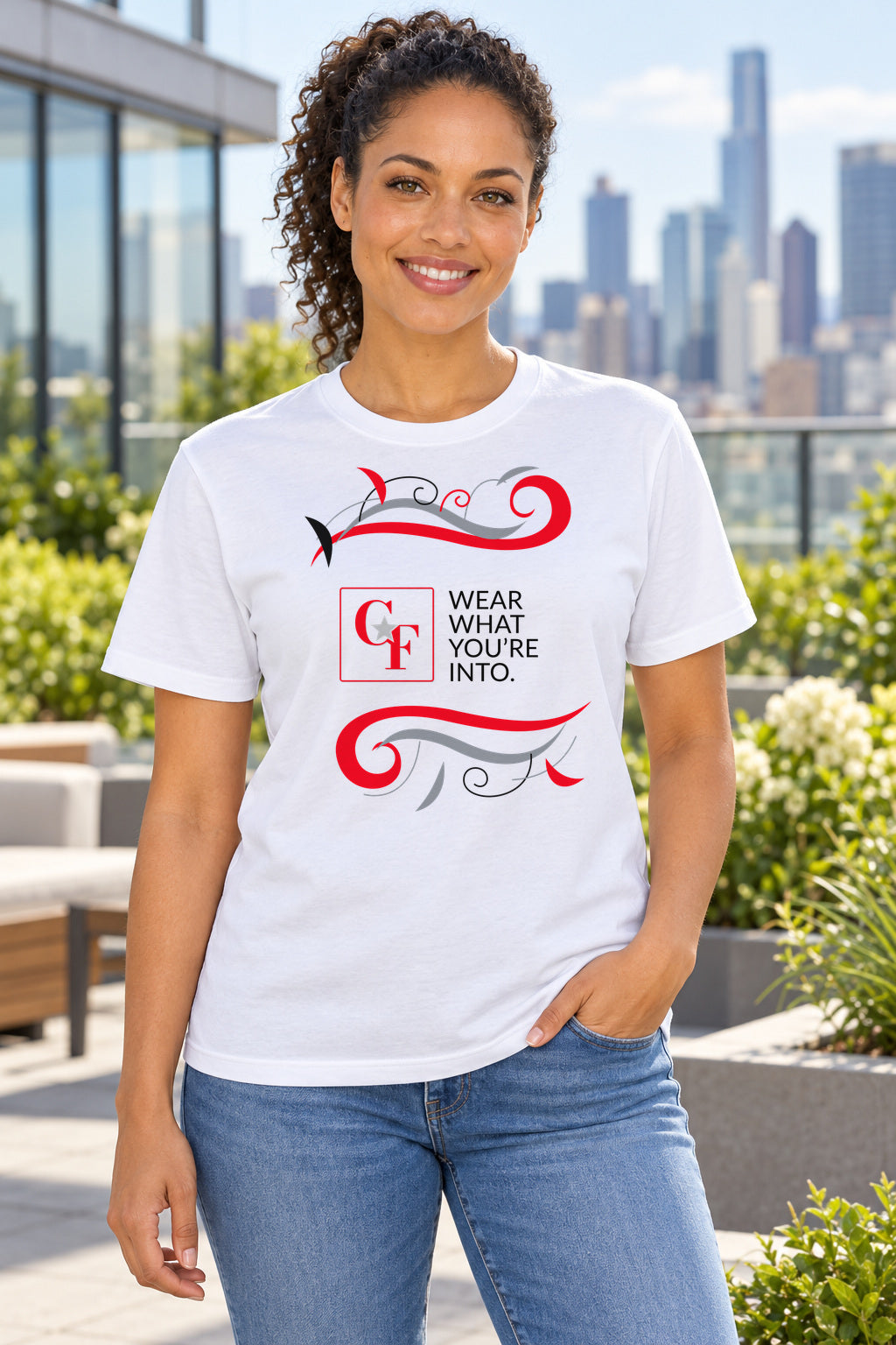 CF Originals "Wear What You're Into" Flowing Twist Tee in White, lifestyle model mockup