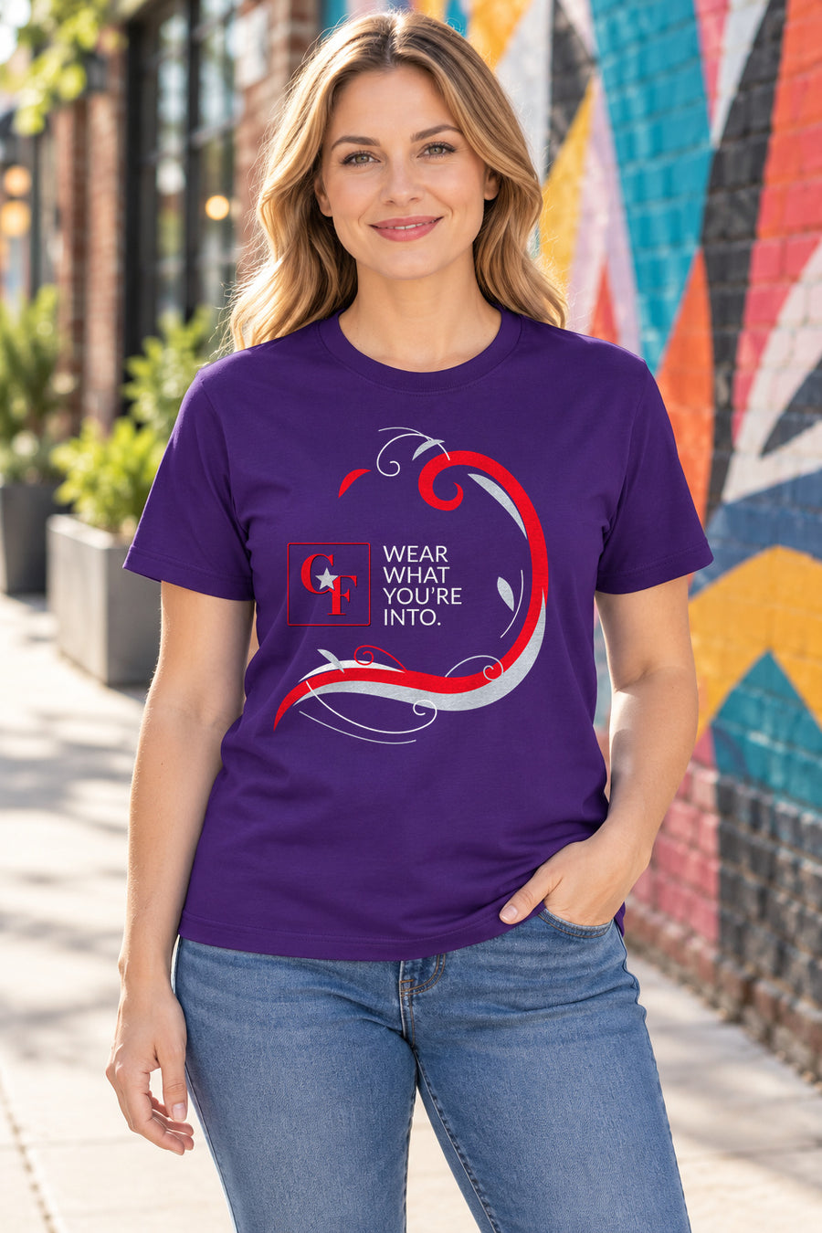 CF Originals "Wear What You're Into" Side Sweep Tee in Team Purple, lifestyle model mockup