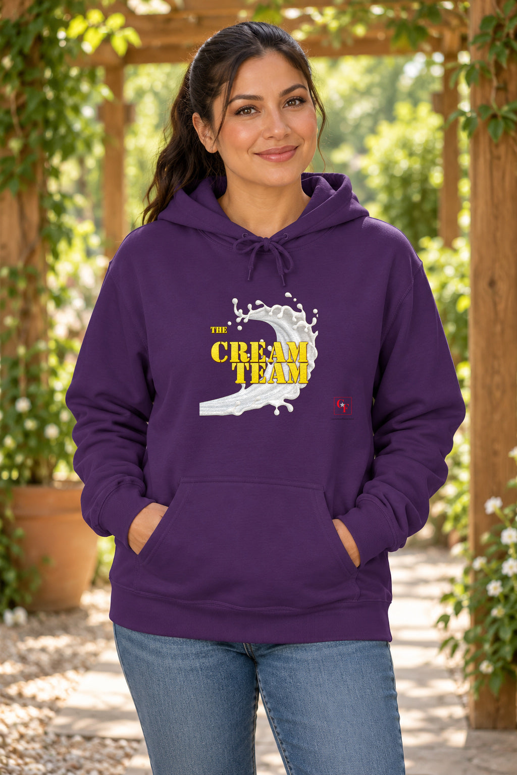 Cream Team Original Refresh Hoodie in Purple on a model outdoors — Common Flavor