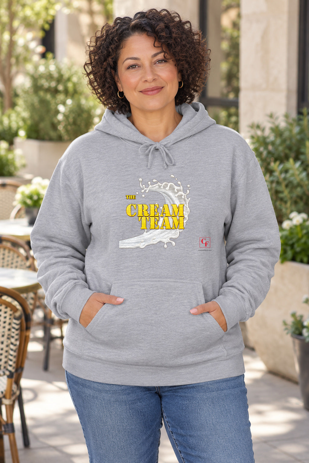 Cream Team Original Refresh Hoodie in Sport Grey on a model outdoors — Common Flavor