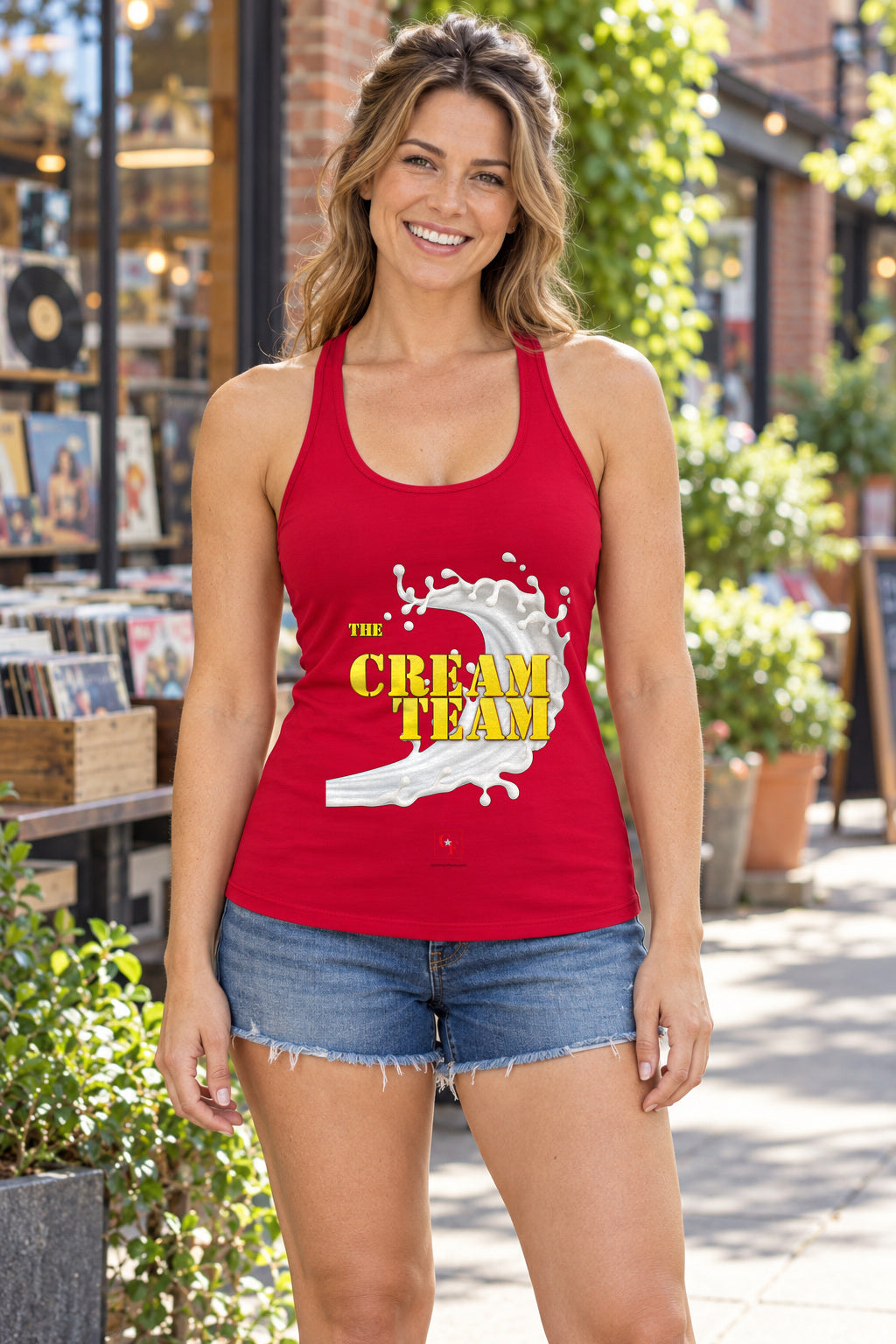 Cream Team Original Refresh Racerback Tank in Red, woman wearing the tank in a lifestyle setting
