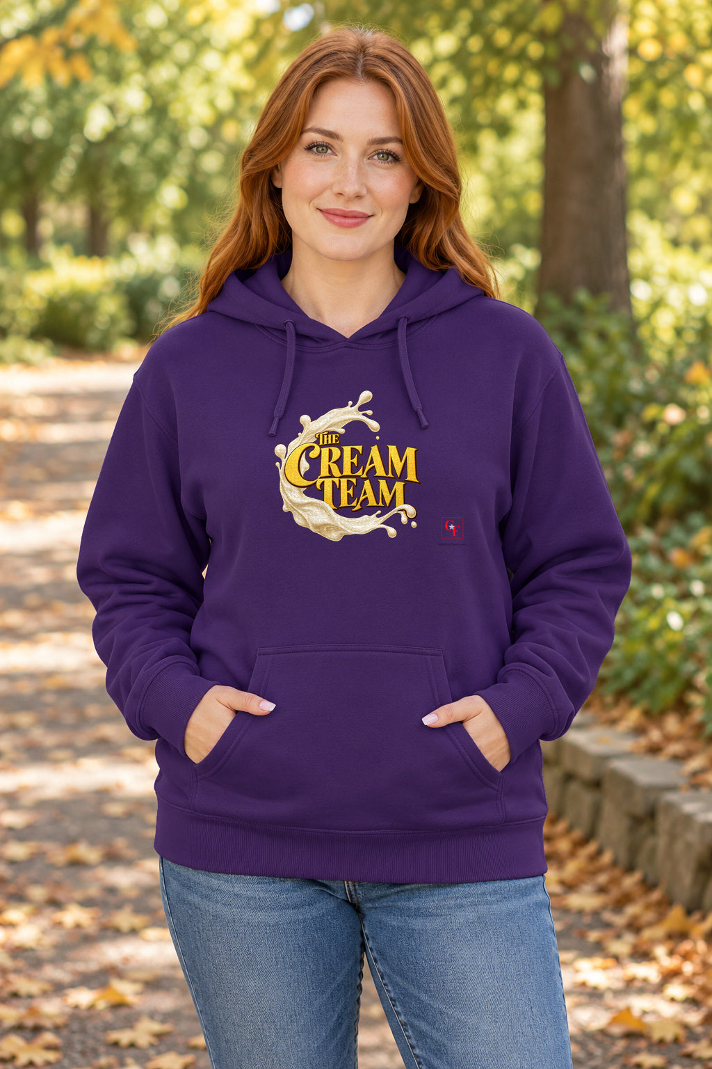 Cream Team Splash Hoodie in Purple on a model outdoors — Common Flavor