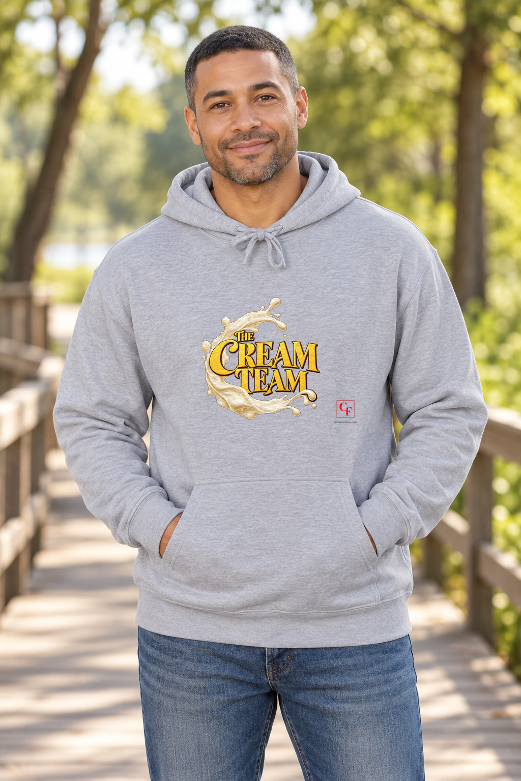 Cream Team Splash Hoodie in Sport Grey on a model outdoors — Common Flavor