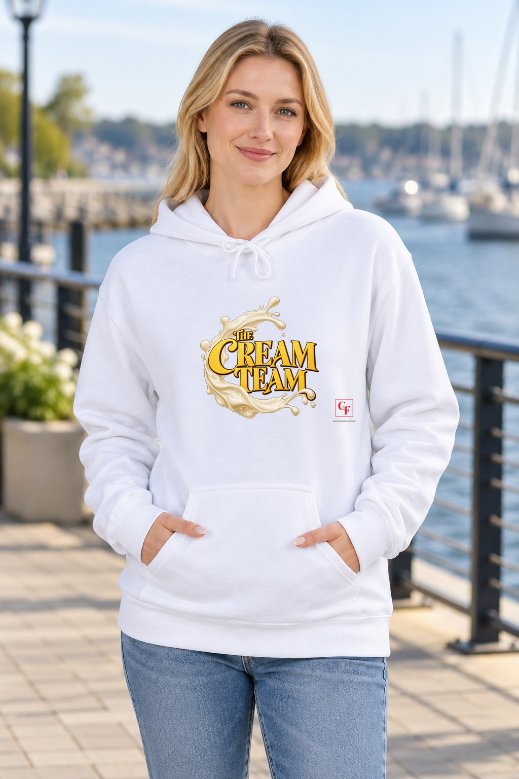 Cream Team Splash Hoodie in White on a model outdoors — Common Flavor