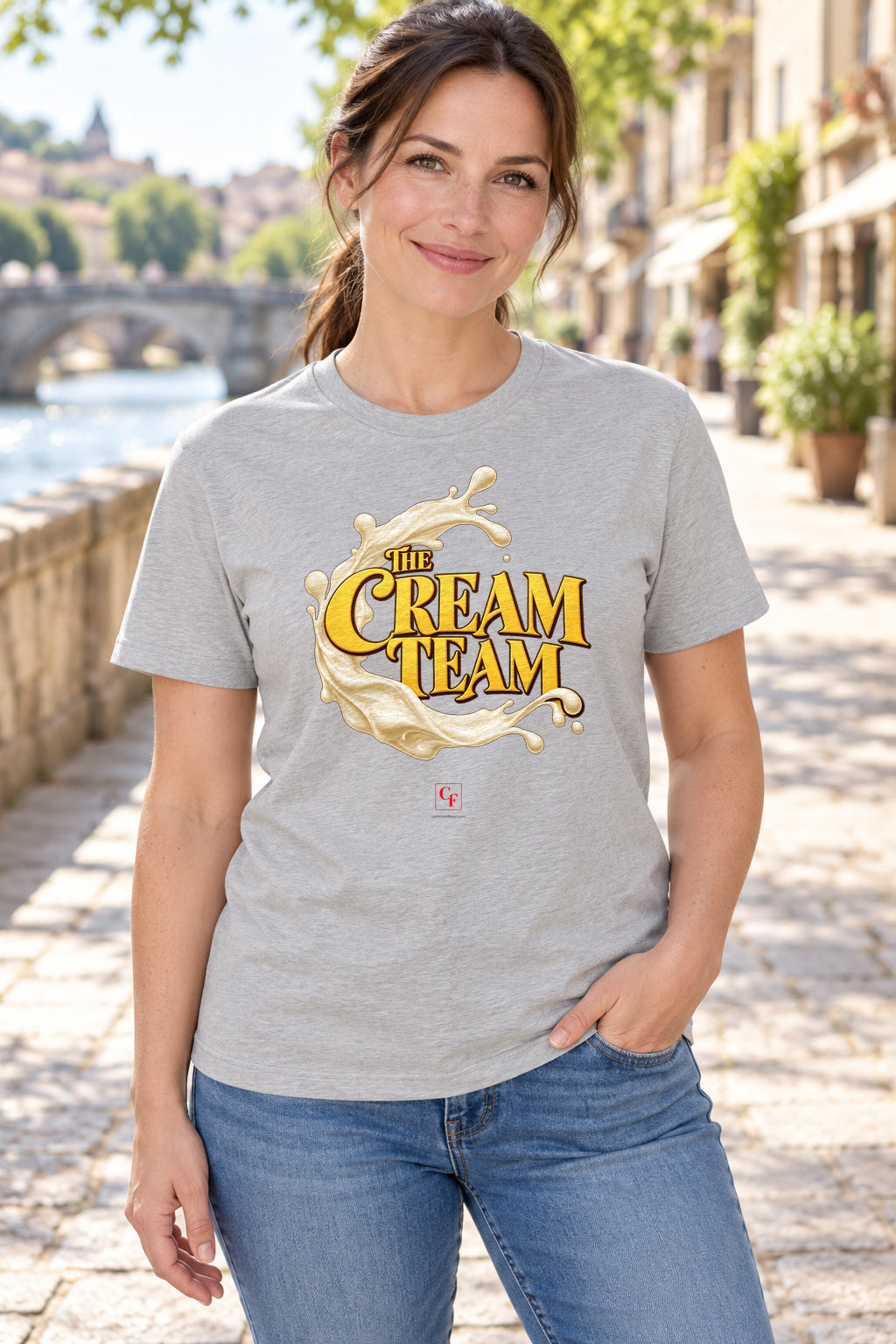 Cream Team Splash Tee in Athletic Heather, lifestyle model mockup