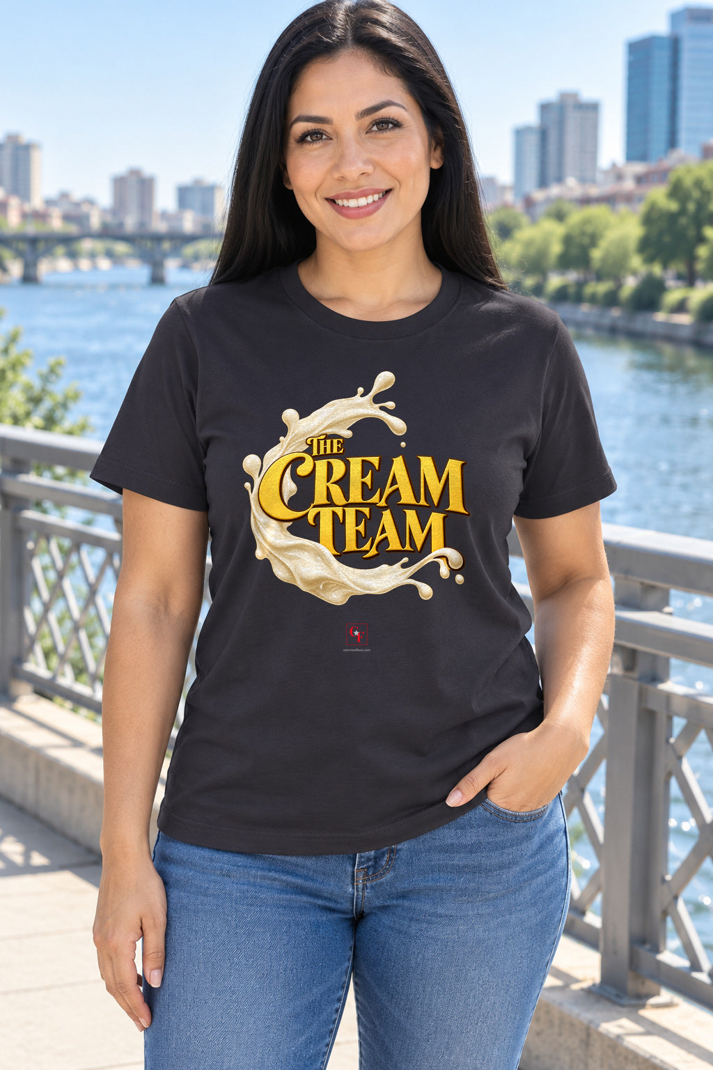Cream Team Splash Tee in Dark Grey, lifestyle model mockup