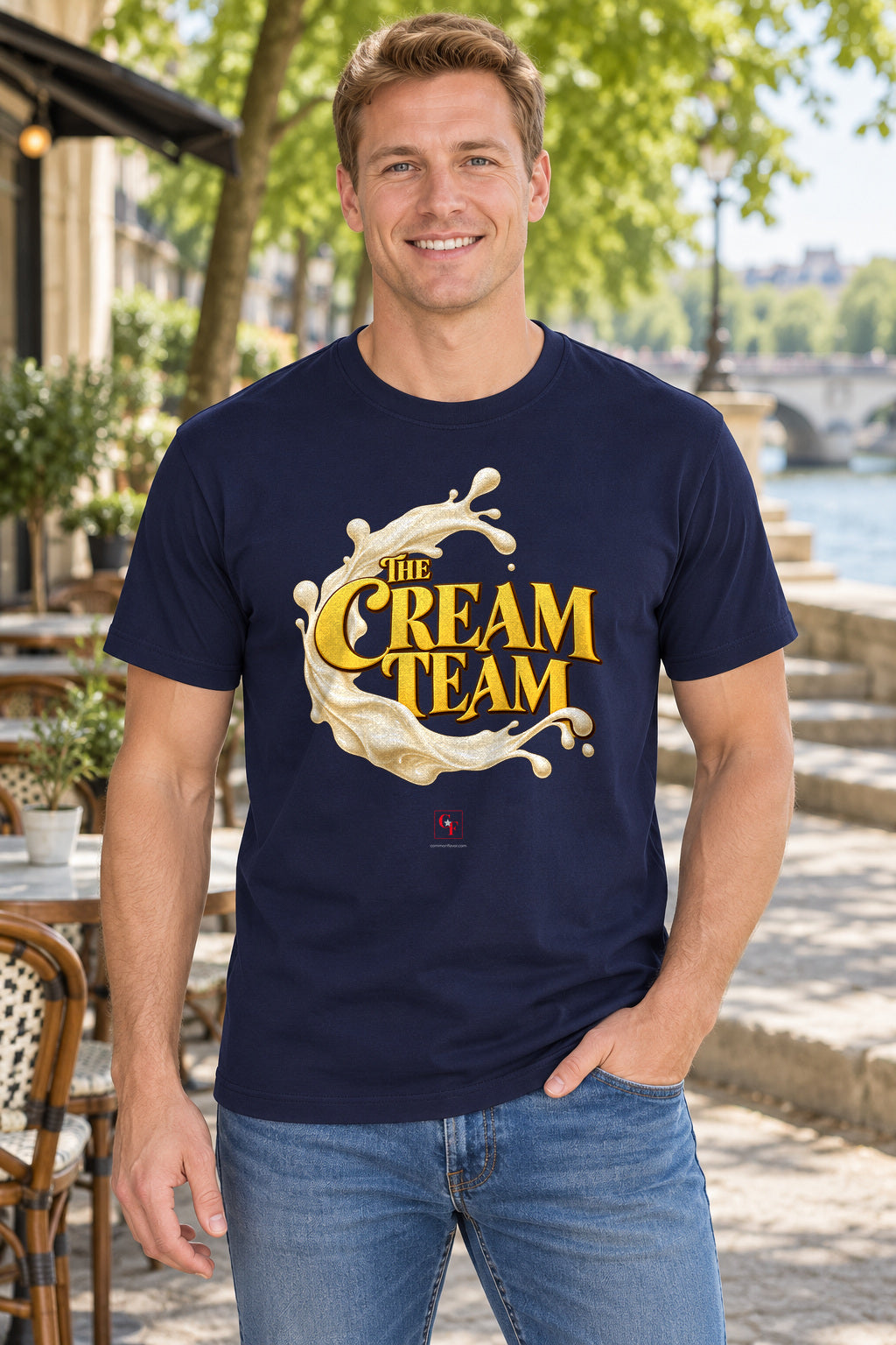Cream Team Splash Tee in Navy, lifestyle model mockup