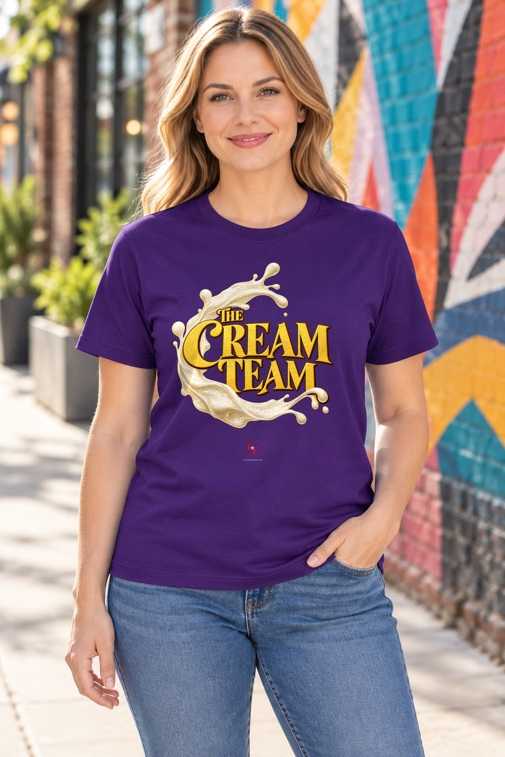 Cream Team Splash Tee in Team Purple, lifestyle model mockup