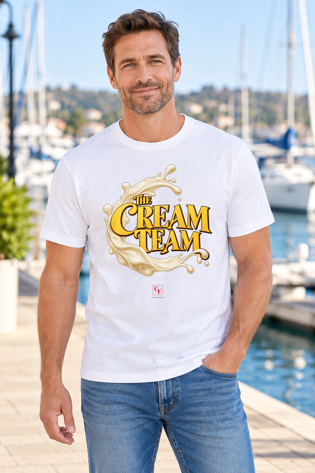 Cream Team Splash Tee in White, lifestyle model mockup