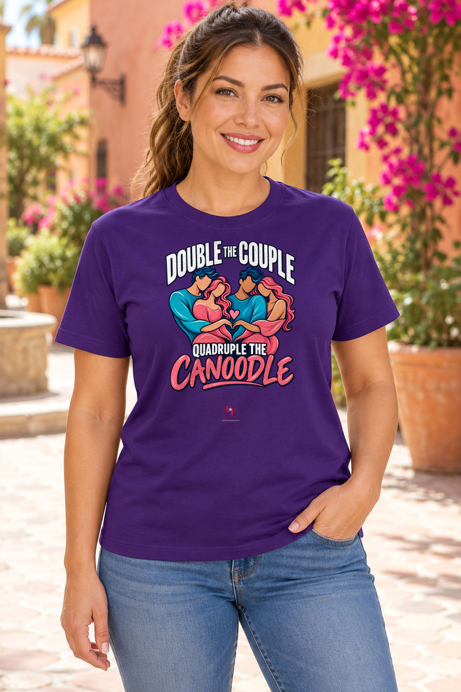 Double Couple Quad Canoodle Tee in Team Purple, lifestyle model mockup