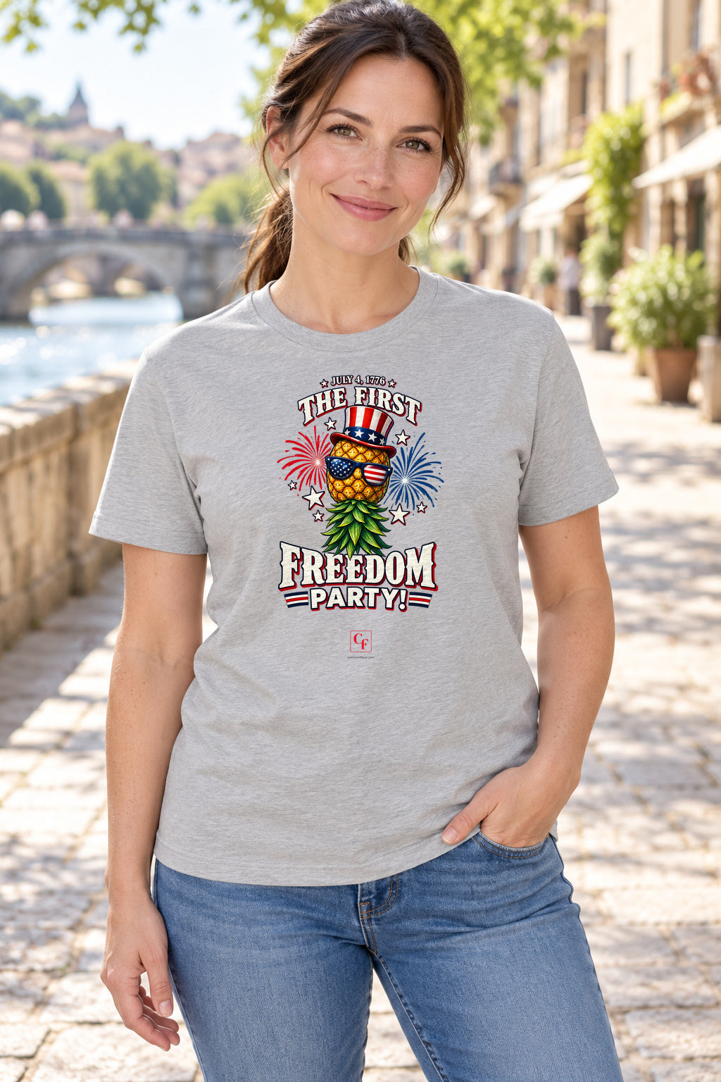 First Freedom Party Tee in Athletic Heather, lifestyle model mockup