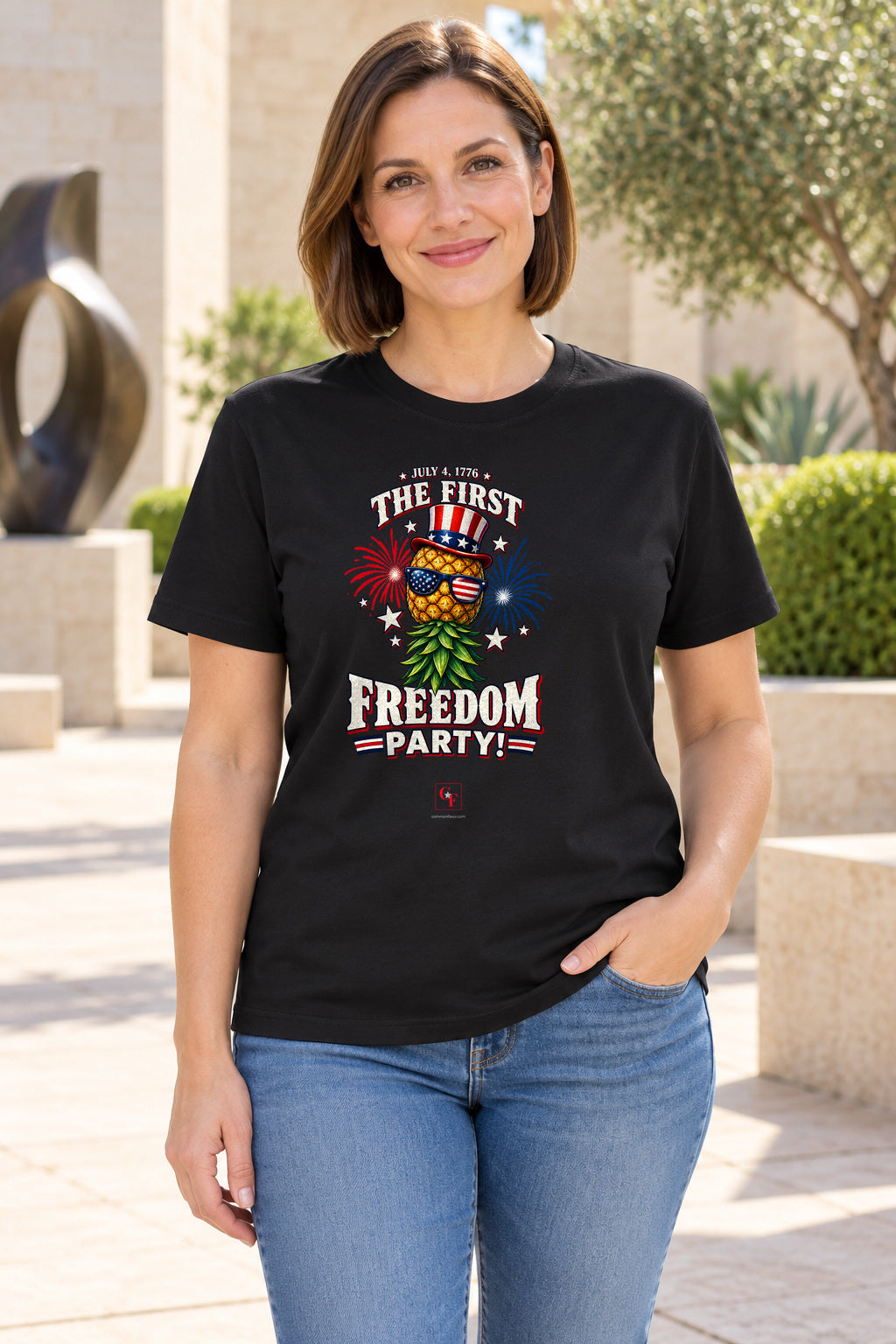 First Freedom Party Tee in Black, lifestyle model mockup