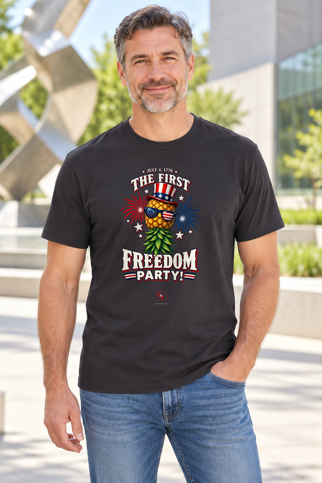 First Freedom Party Tee in Dark Grey, lifestyle model mockup
